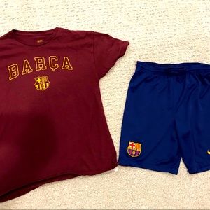 FC Barca T Shirt and Nike Dri Fit Shorts Youth Large
